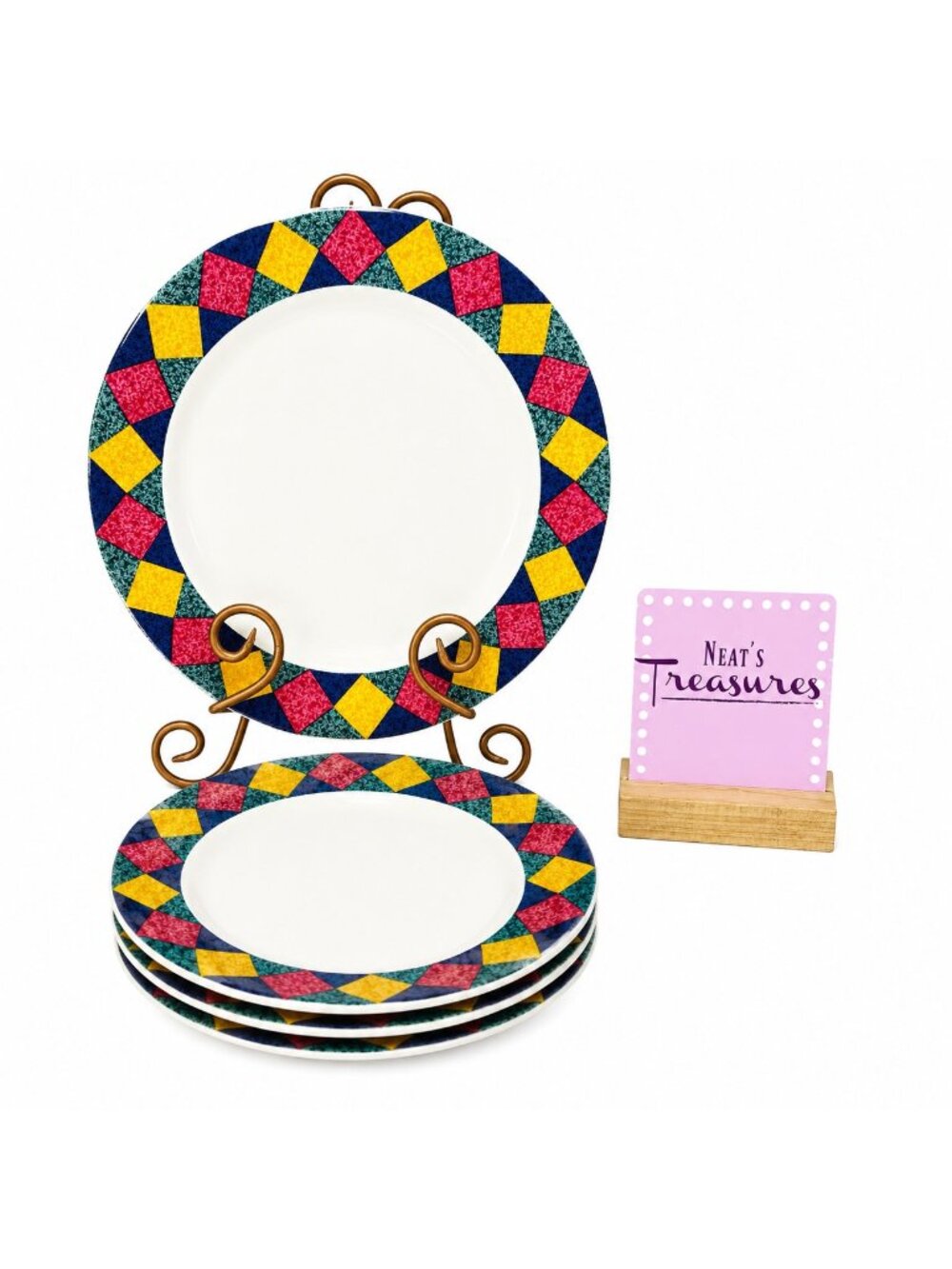 Signature HARLEQUIN Pink Purple Green Yellow Diamond Smooth Dinner Plate Set 4